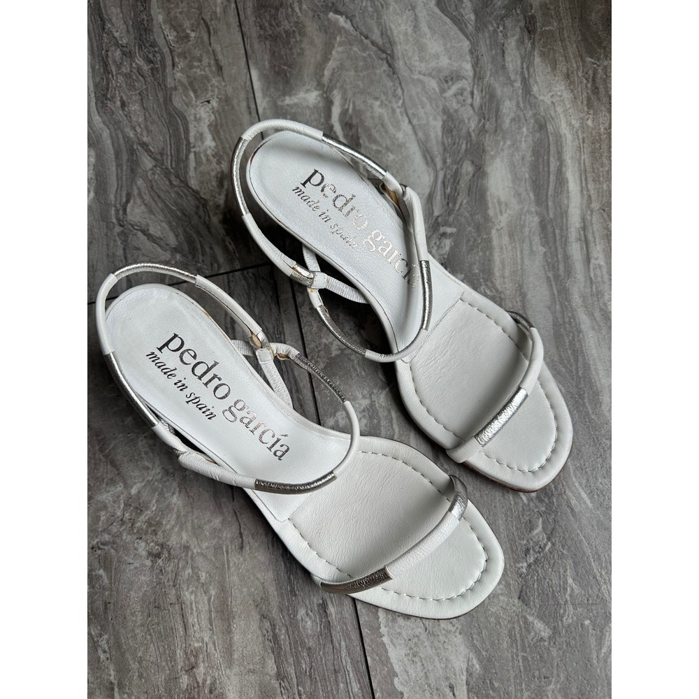 Pedro Garcia Women's 37 White Silver Leather Strappy Heeled Sandals Made Spain